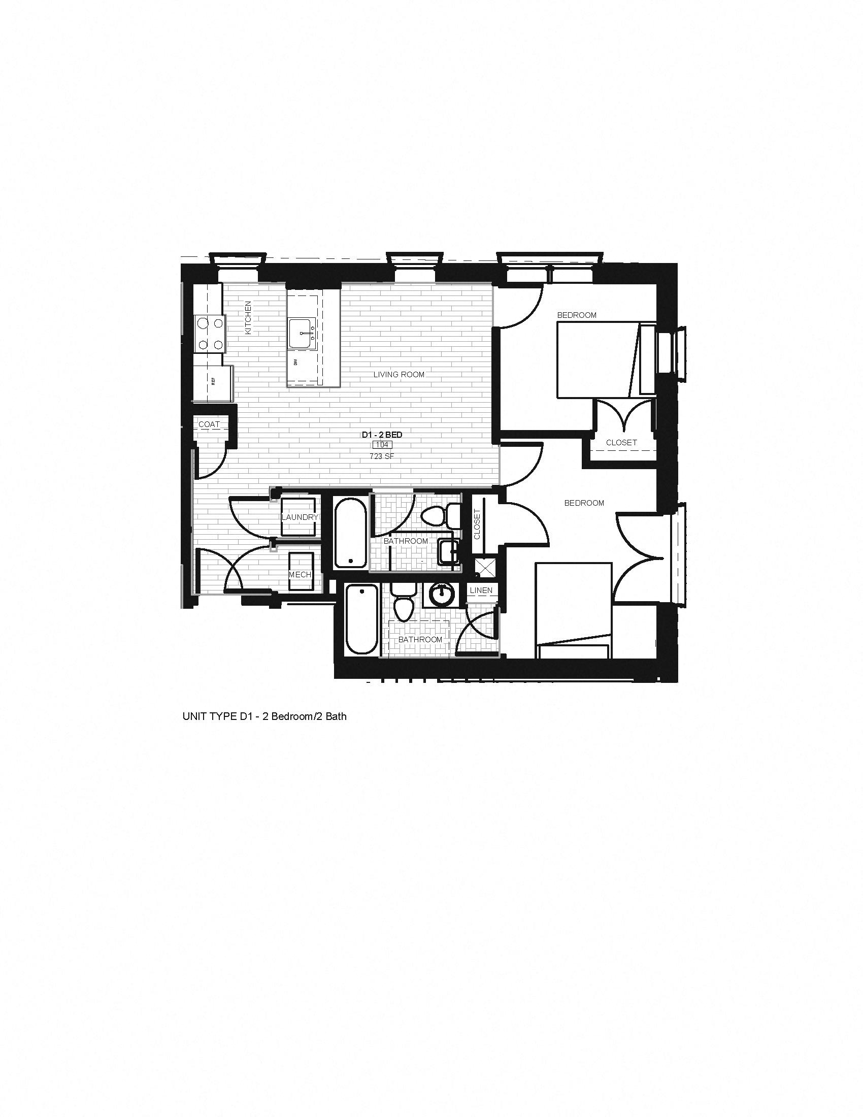 Floor plan for 2 beds, 2 baths, 863 sqft